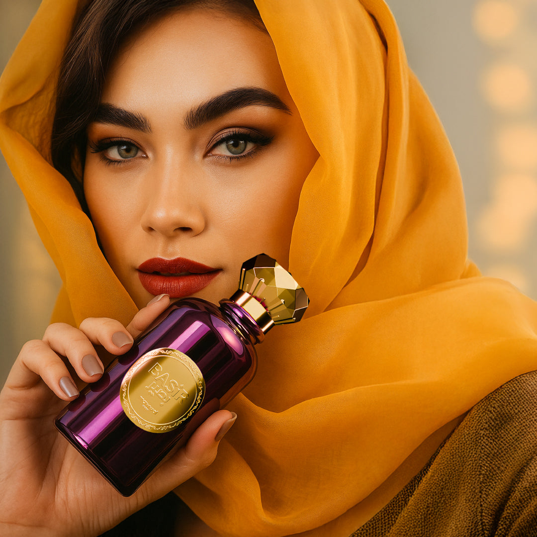 Mulher usando perfume árabe feminino Basir Mawwal Arabia 100ml EDP