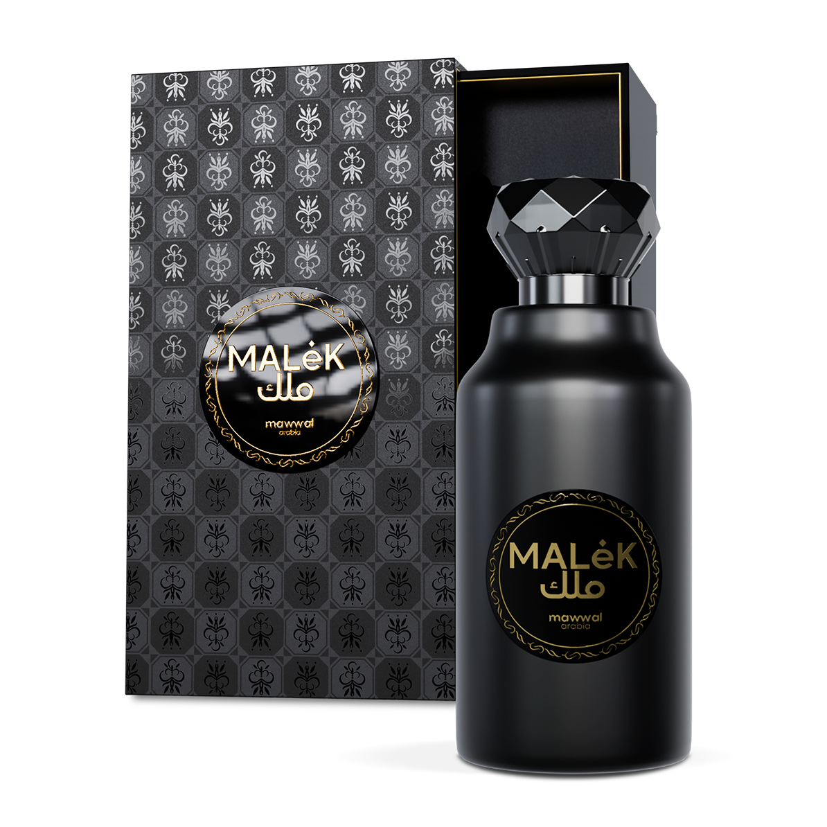 Perfume Malek unissex compartilhável Mawwal Arabia  100ml Eau de Parfum — frasco preto fosco com embalagem preta